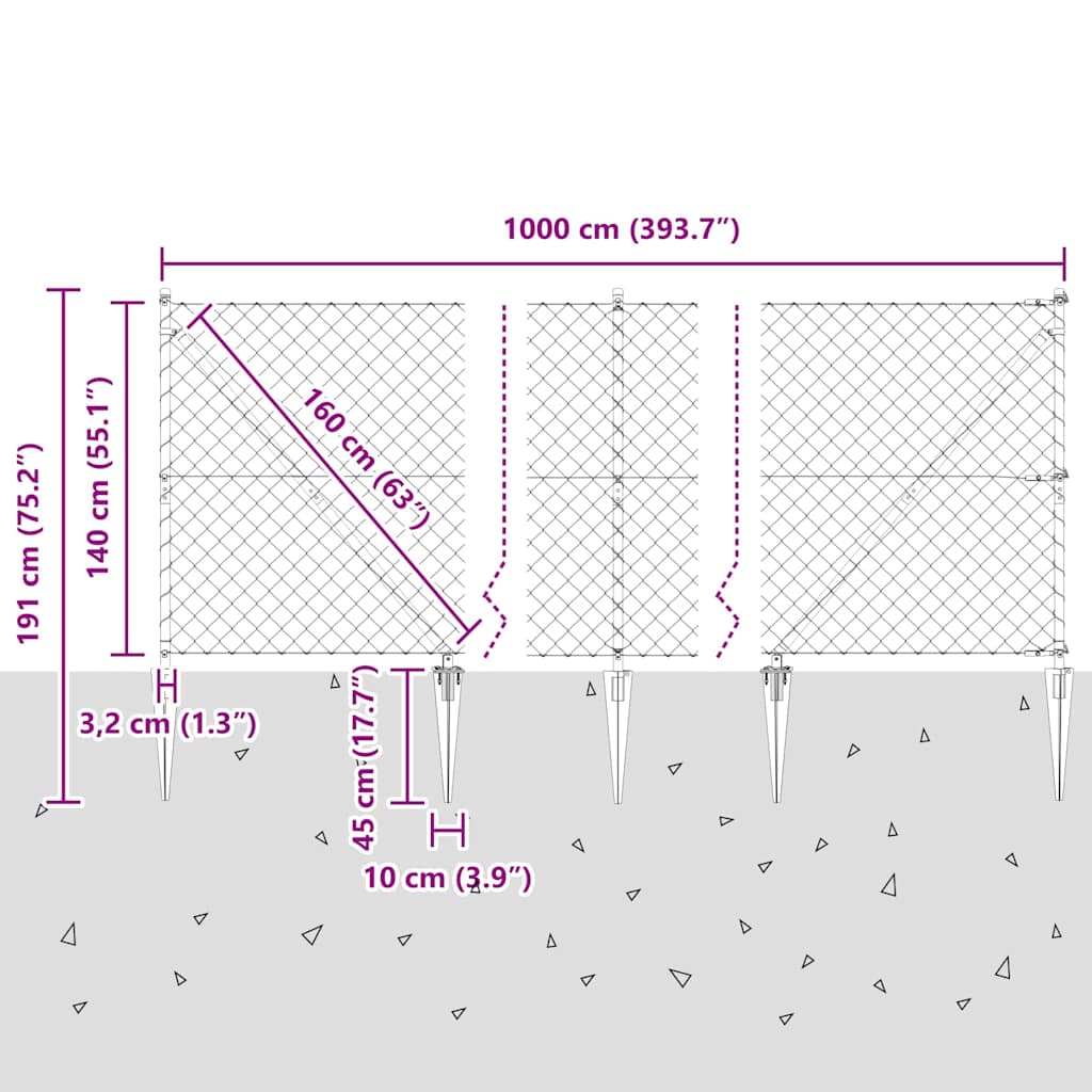 Kettengliedzaun mit Pfosten Silber 1,4 x 10 m Stahl